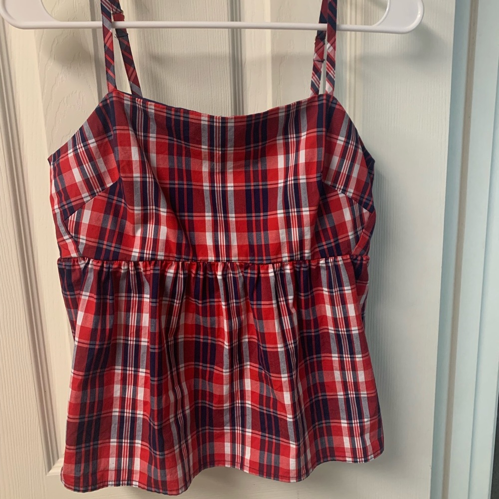 J Crew Factory red, white, and blue plaid tie-back strappy top